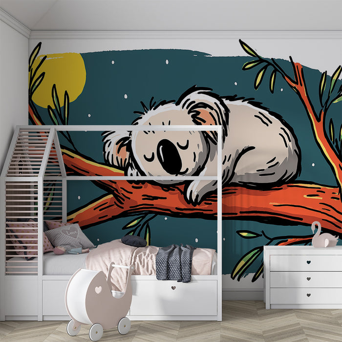 Babykamer behang | Slapende koala op een tak onder een sterrenhemel