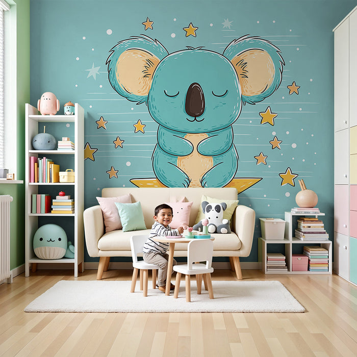 Nursery room wallpaper | Sleepy koala on a star with twinkling stars