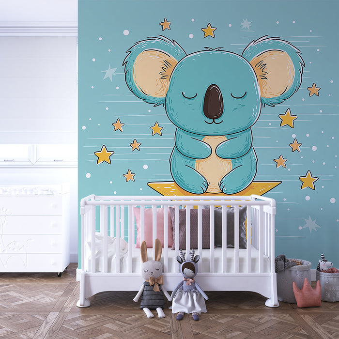 Nursery room wallpaper | Sleepy koala on a star with twinkling stars