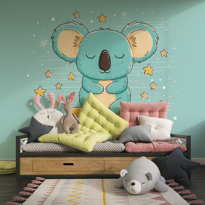 Nursery room wallpaper | Sleepy koala on a star with twinkling stars