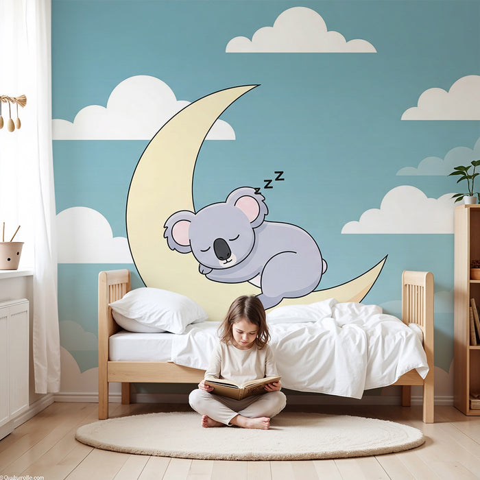 Nursery room wallpaper | Sleeping koala on a soft moon