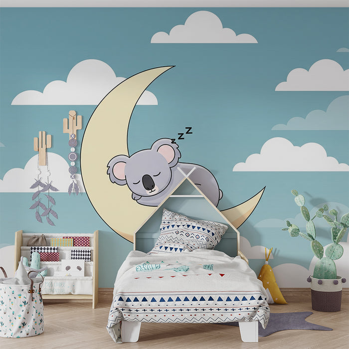 Nursery room wallpaper | Sleeping koala on a soft moon