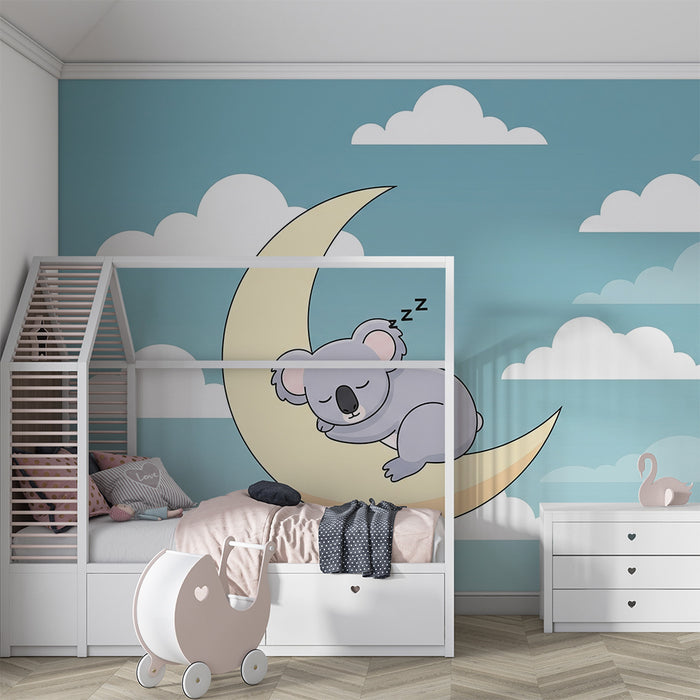 Nursery room wallpaper | Sleeping koala on a soft moon