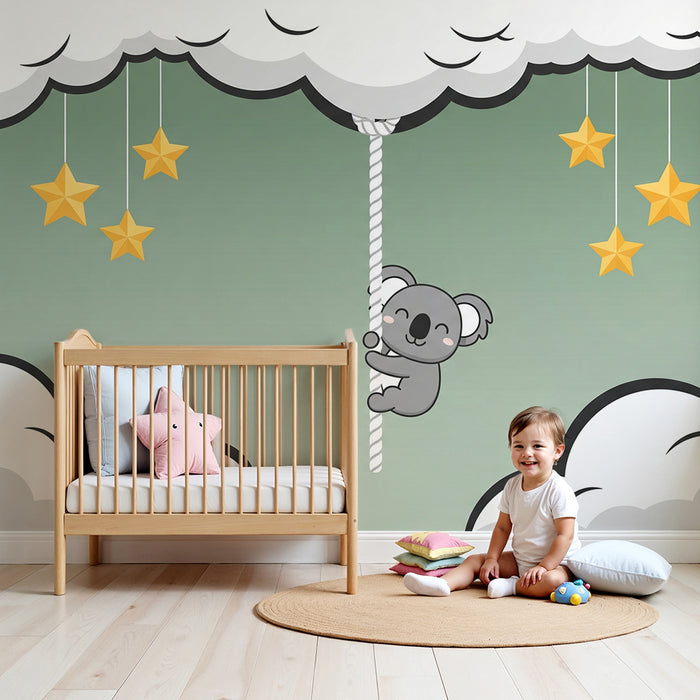 Babyzimmer-Tapete | Verspielter Koala in den Wolken mit goldenen Sternen