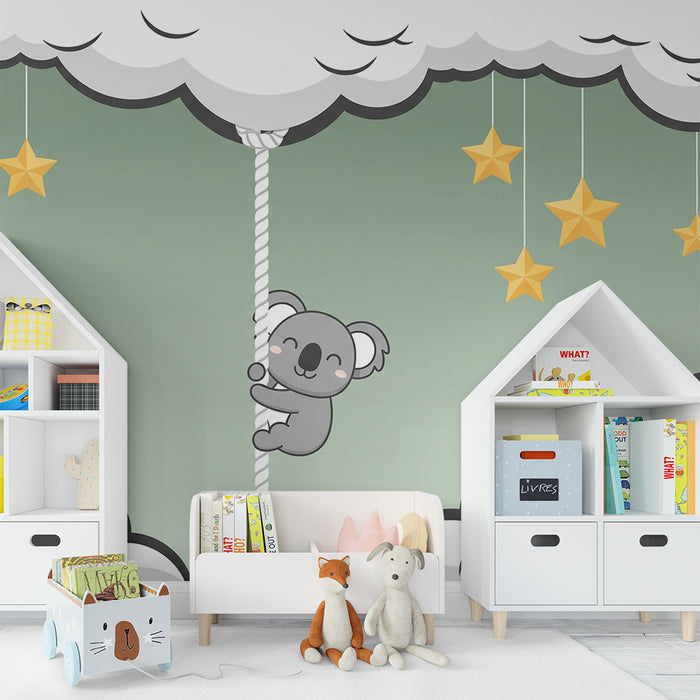 Babyzimmer-Tapete | Verspielter Koala in den Wolken mit goldenen Sternen
