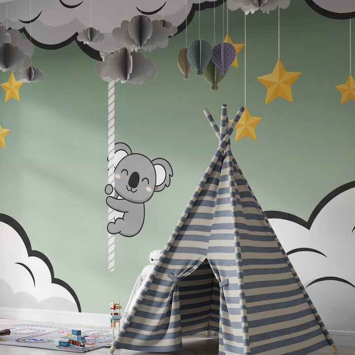 Babyzimmer-Tapete | Verspielter Koala in den Wolken mit goldenen Sternen