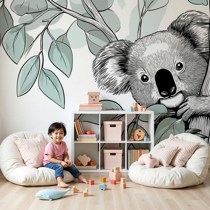 Babykamer behang | Speelse koala tussen eucalyptusbladeren