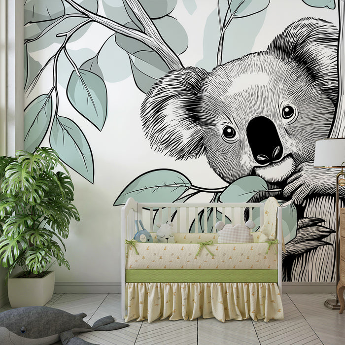Babykamer behang | Speelse koala tussen eucalyptusbladeren