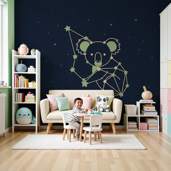 Carta da parati bambini | Koala e costellazioni sotto un cielo stellato