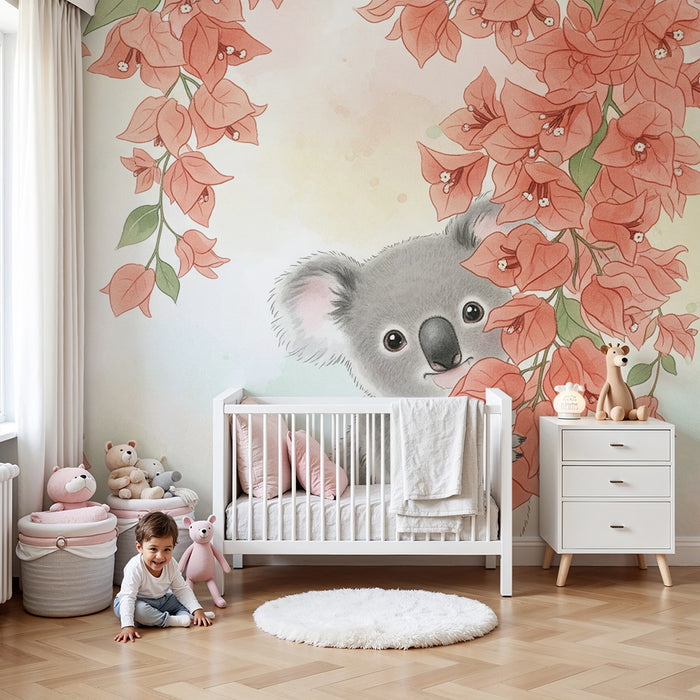 Nursery room wallpaper | Koala and bougainvillea flowers