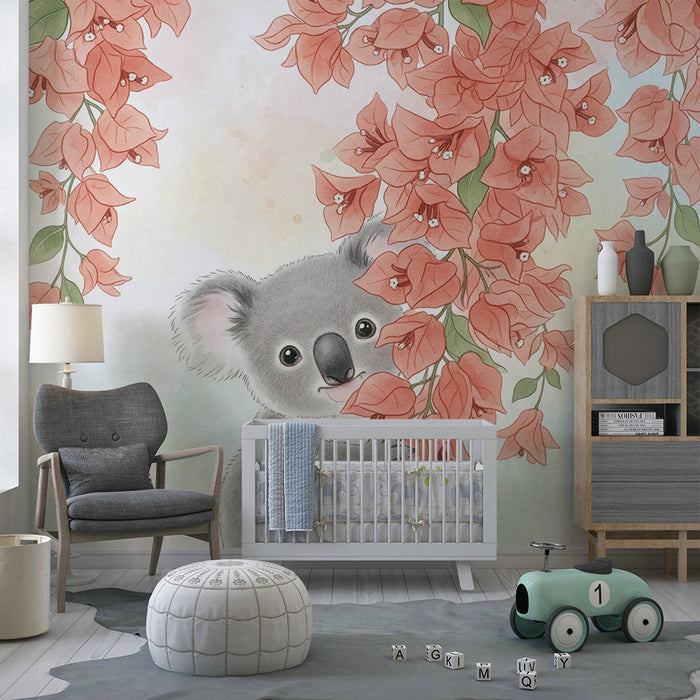 Nursery room wallpaper | Koala and bougainvillea flowers