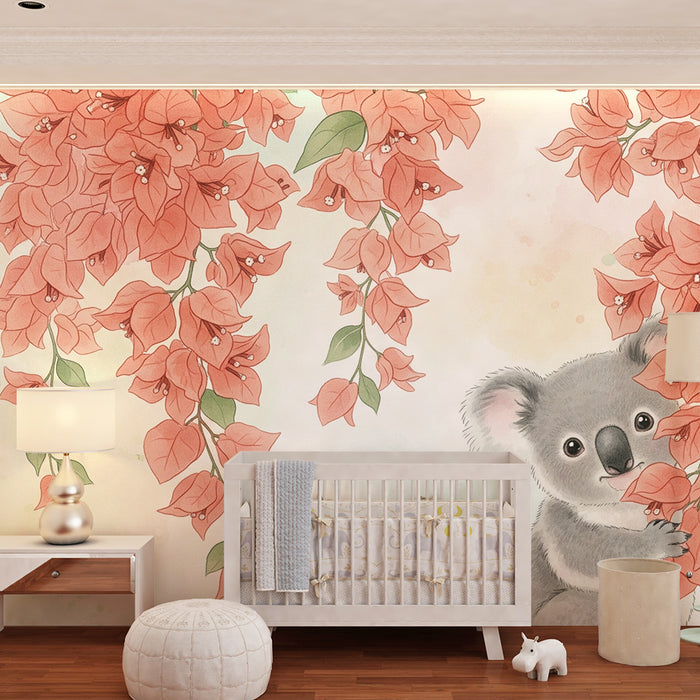 Nursery room wallpaper | Koala and bougainvillea flowers