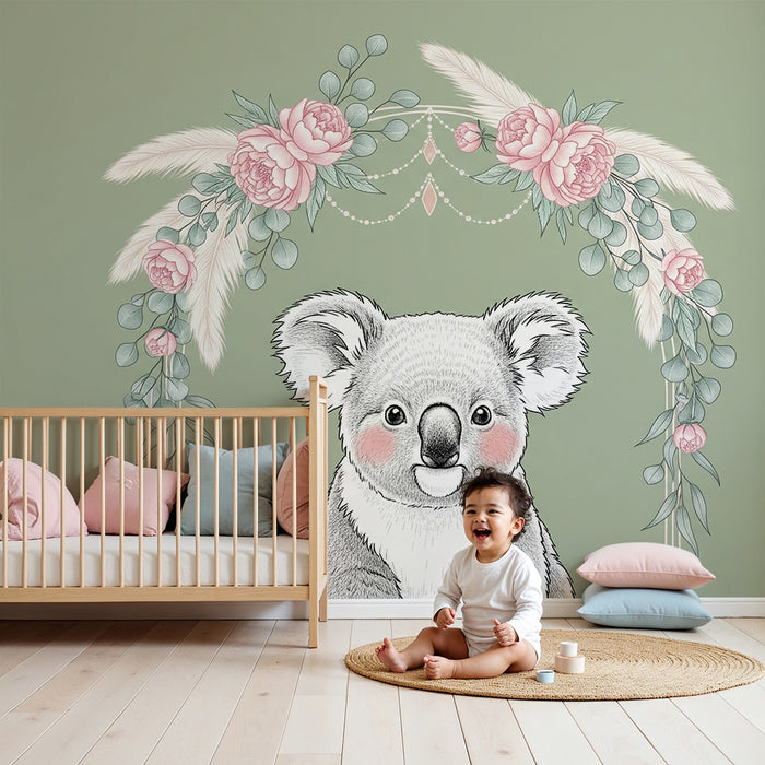Nursery room wallpaper | Koala and sage green floral background