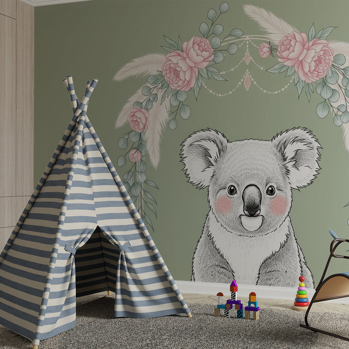 Nursery room wallpaper | Koala and sage green floral background