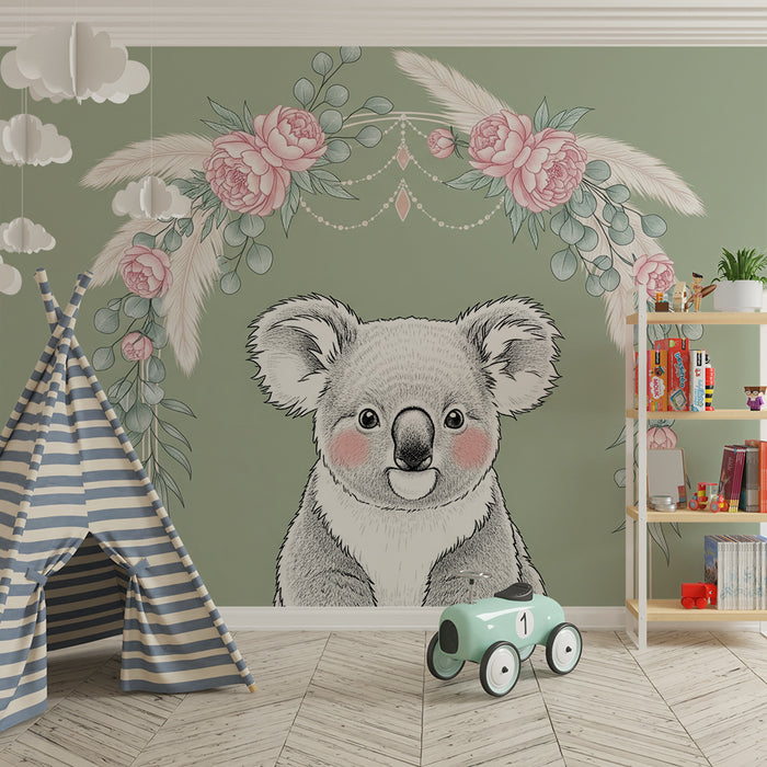Nursery room wallpaper | Koala and sage green floral background