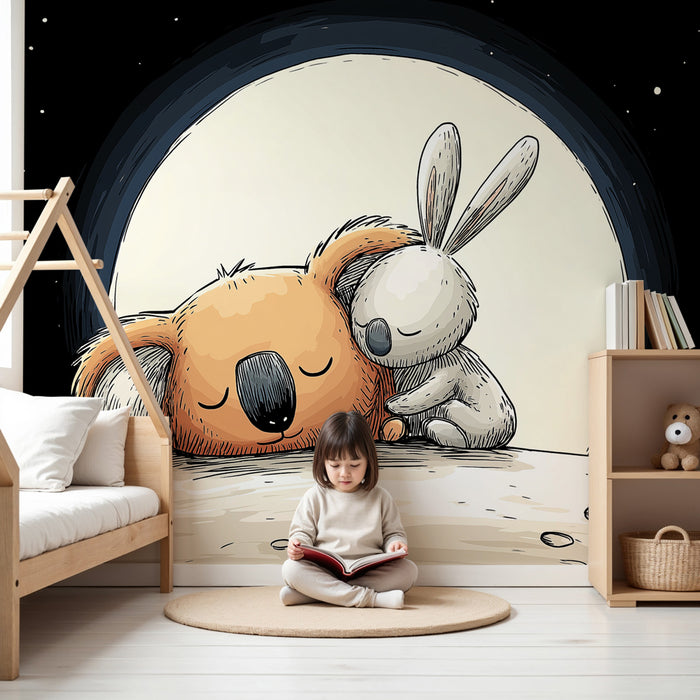 Papier peint chambre bébé | Koala et lapin sous la lune