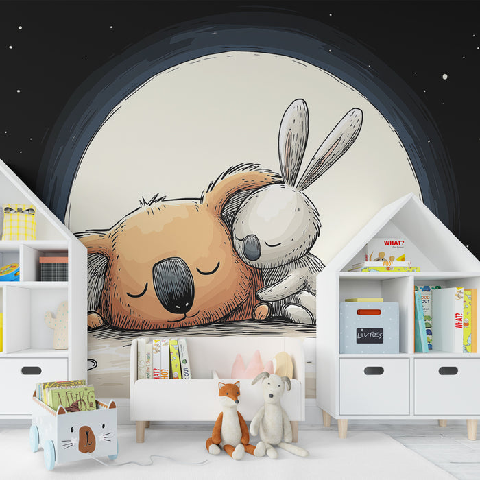 Papier peint chambre bébé | Koala et lapin sous la lune
