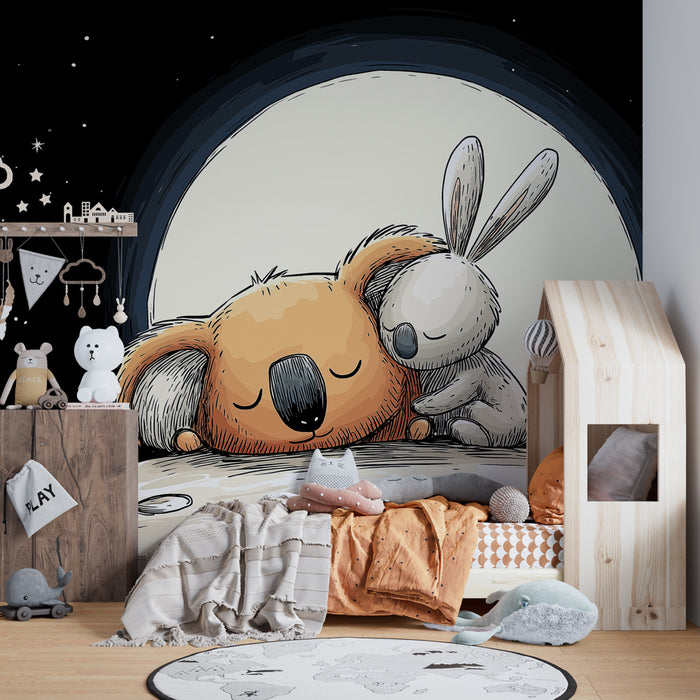 Papier peint chambre bébé | Koala et lapin sous la lune