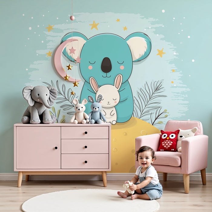 Papier peint chambre bébé | Koala et lapin sous les étoiles