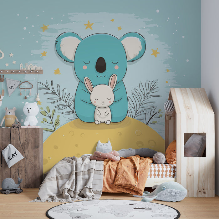 Papier peint chambre bébé | Koala et lapin sous les étoiles