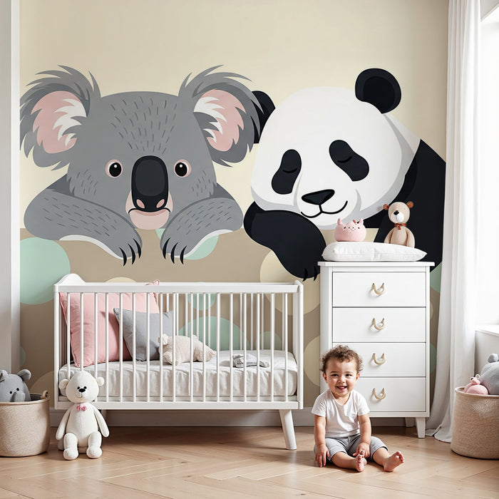 Papel pintado para habitación infantil | Koalas y pandas adorables sobre fondo suave