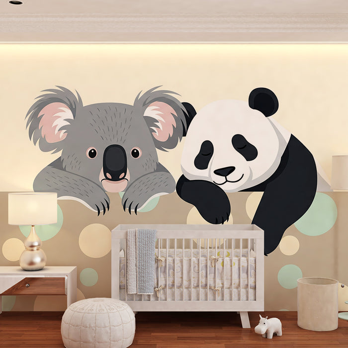 Papel pintado para habitación infantil | Koalas y pandas adorables sobre fondo suave