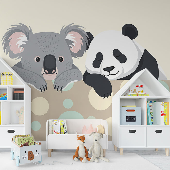 Papel pintado para habitación infantil | Koalas y pandas adorables sobre fondo suave