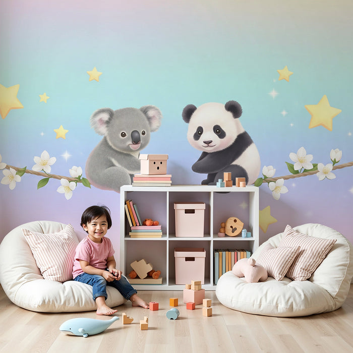 Nursery room wallpaper | Koala and panda under the stars