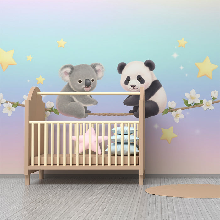 Nursery room wallpaper | Koala and panda under the stars