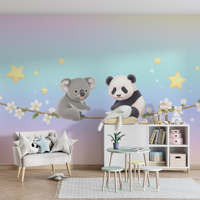 Nursery room wallpaper | Koala and panda under the stars