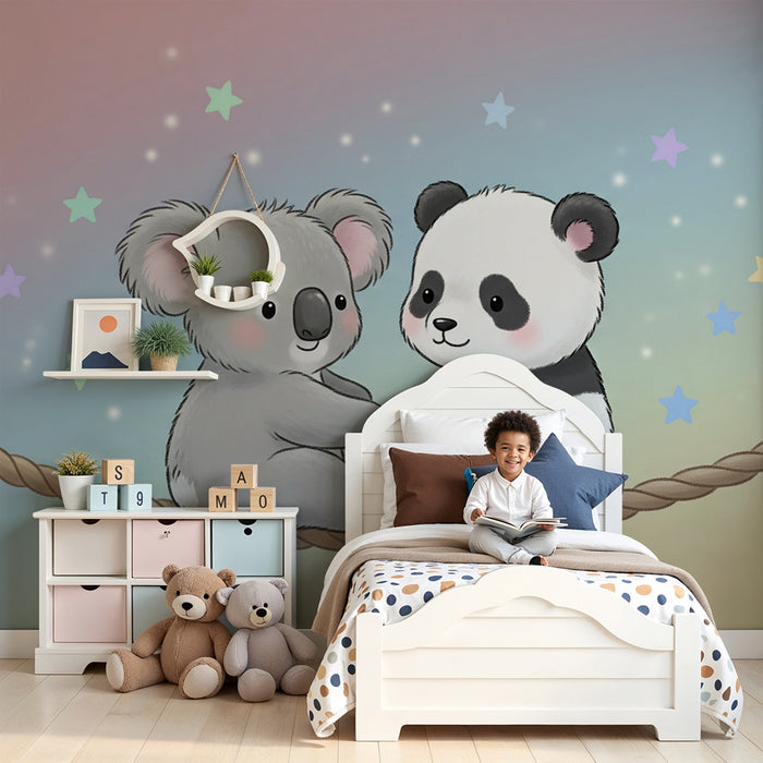 Nursery room wallpaper | Koala and panda on a rope