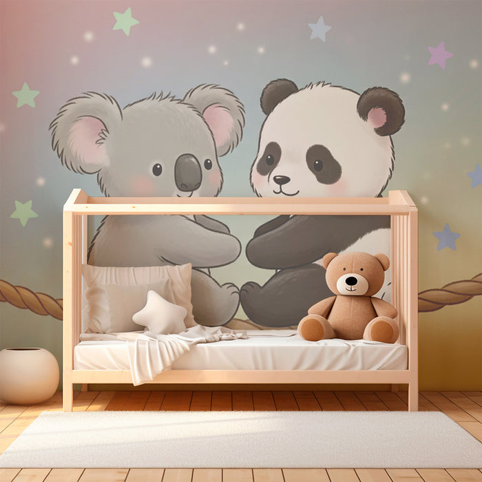 Nursery room wallpaper | Koala and panda on a rope