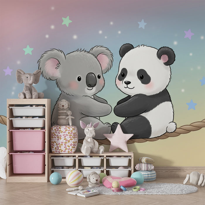 Nursery room wallpaper | Koala and panda on a rope