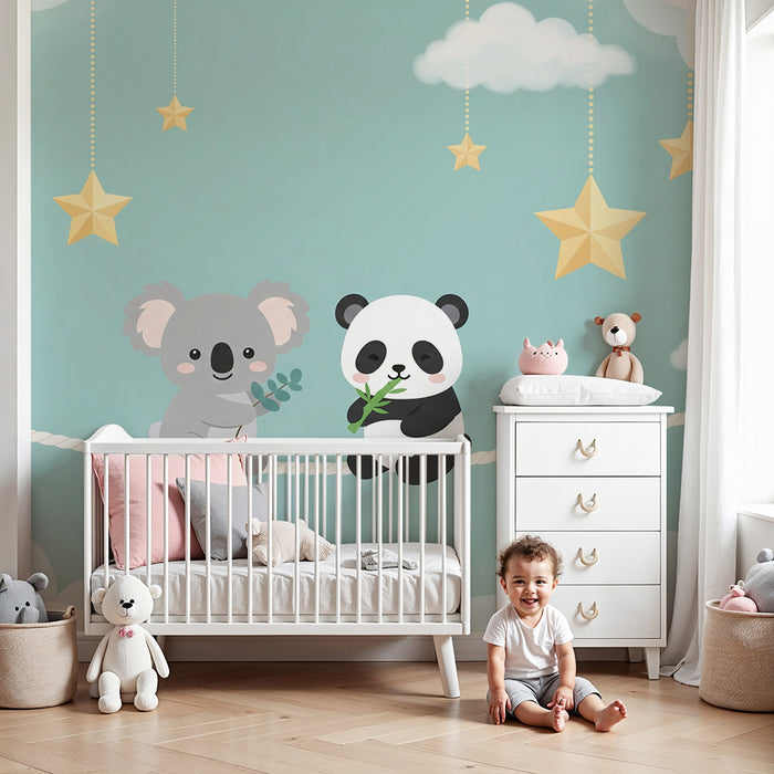 Papier peint chambre bébé | Koala et panda suspendus parmi les étoiles