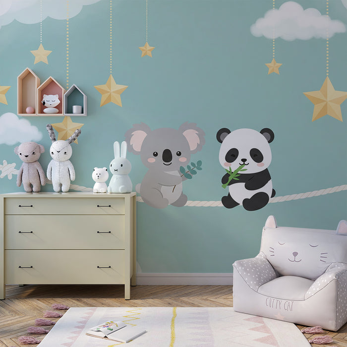 Papier peint chambre bébé | Koala et panda suspendus parmi les étoiles