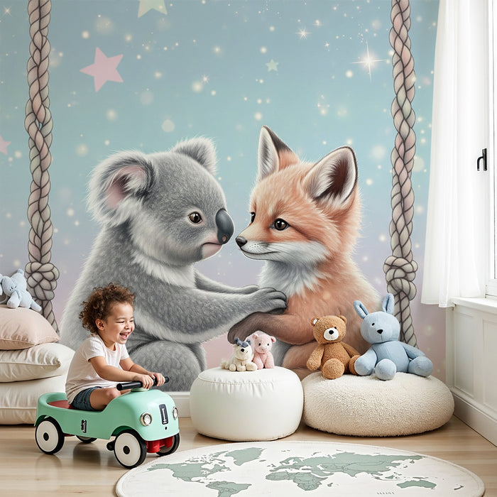 Nursery room wallpaper | Koala and fox on a starry swing