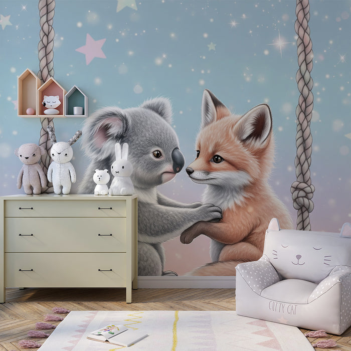 Nursery room wallpaper | Koala and fox on a starry swing
