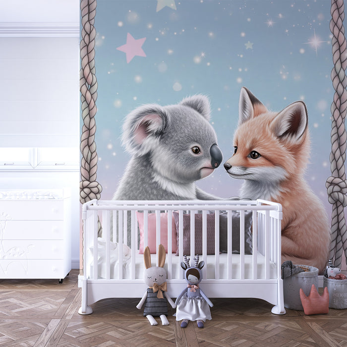 Nursery room wallpaper | Koala and fox on a starry swing