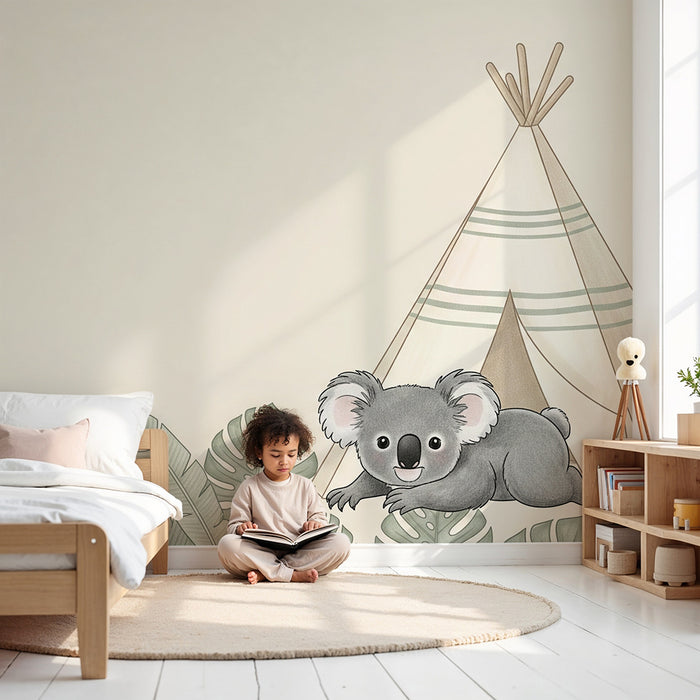Papel de parede quarto bebê | Koala și tipi în junglă