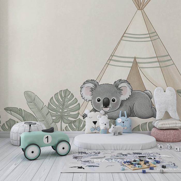 Papel de parede quarto bebê | Koala și tipi în junglă