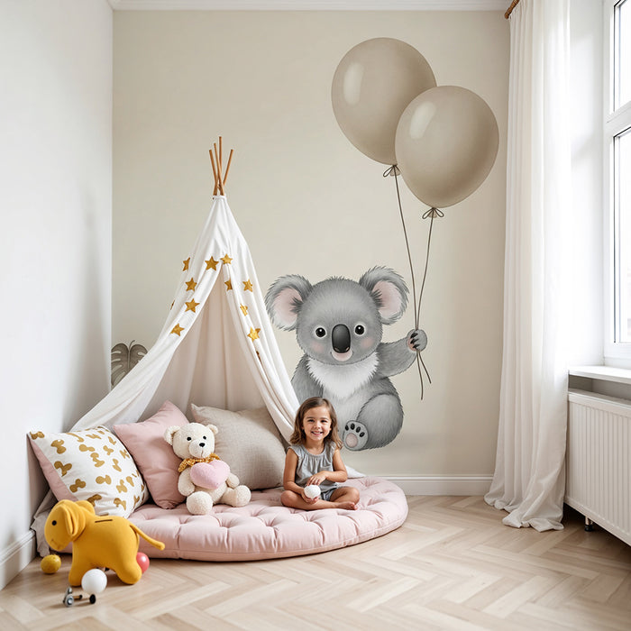 Tapeta dětského pokoje | Šťastný koala s balónky a listím