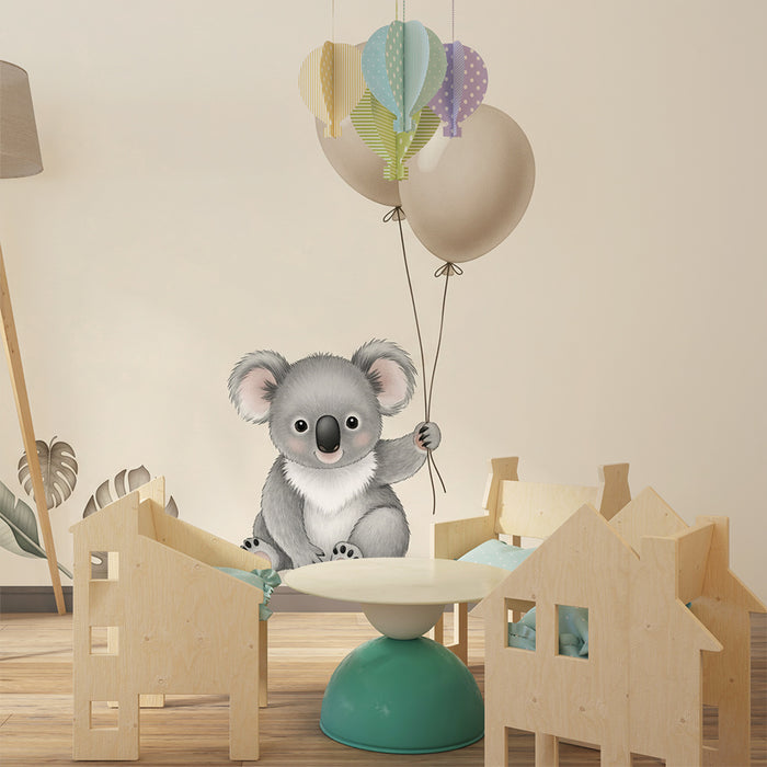 Tapeta dětského pokoje | Šťastný koala s balónky a listím