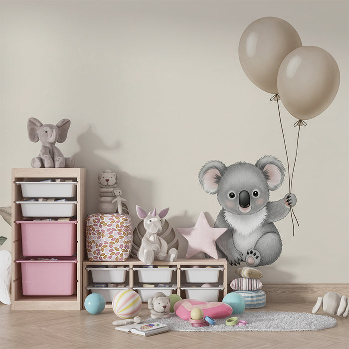 Tapeta dětského pokoje | Šťastný koala s balónky a listím