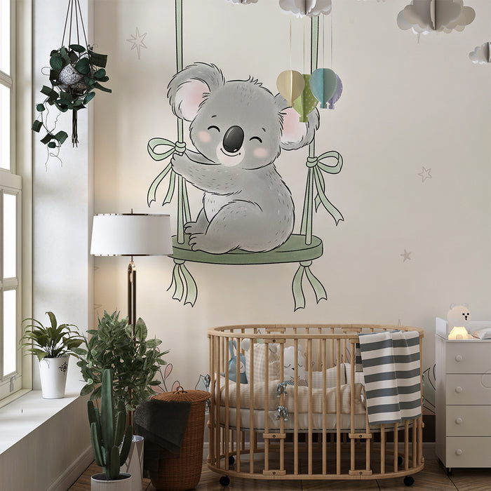 Papier peint chambre bébé | Koala joyeux sur une balançoire