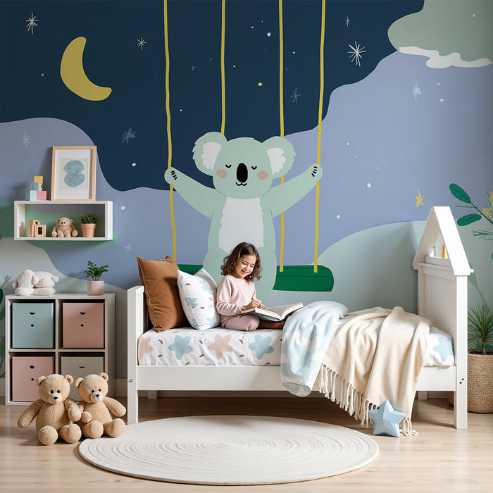 Papier peint chambre bébé | Koala joyeux sur une balançoire sous les étoiles