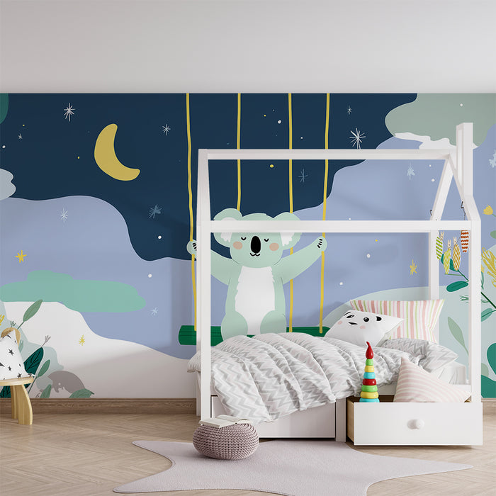 Papier peint chambre bébé | Koala joyeux sur une balançoire sous les étoiles