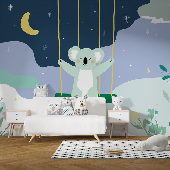 Papier peint chambre bébé | Koala joyeux sur une balançoire sous les étoiles