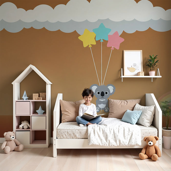 Papel de parede para quarto de bebé | Koala fofinho com balões estrelados e arco-íris