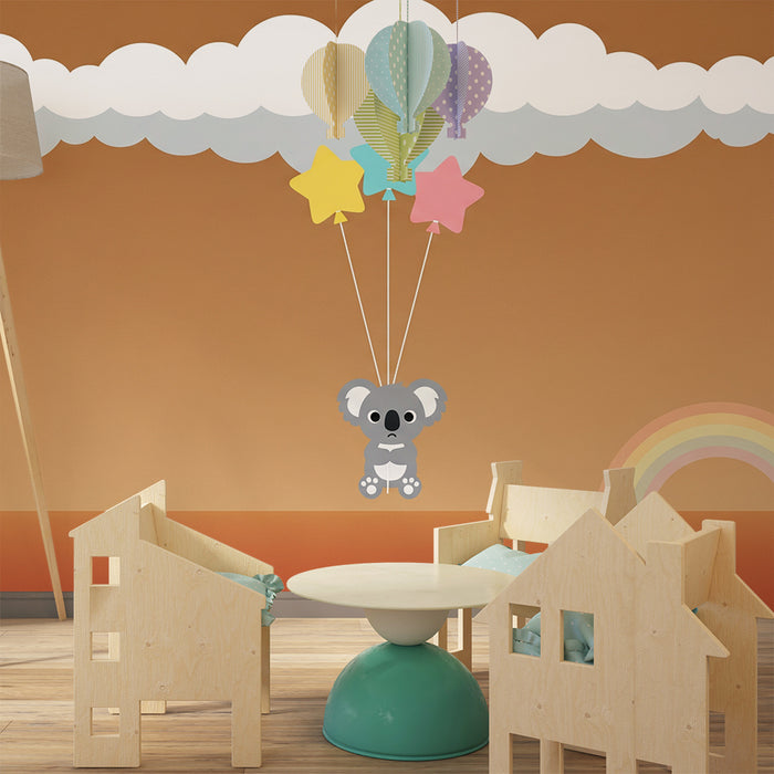 Papel de parede para quarto de bebé | Koala fofinho com balões estrelados e arco-íris