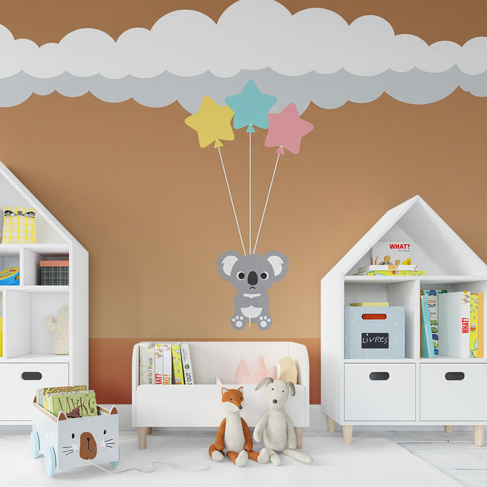 Papel de parede para quarto de bebé | Koala fofinho com balões estrelados e arco-íris